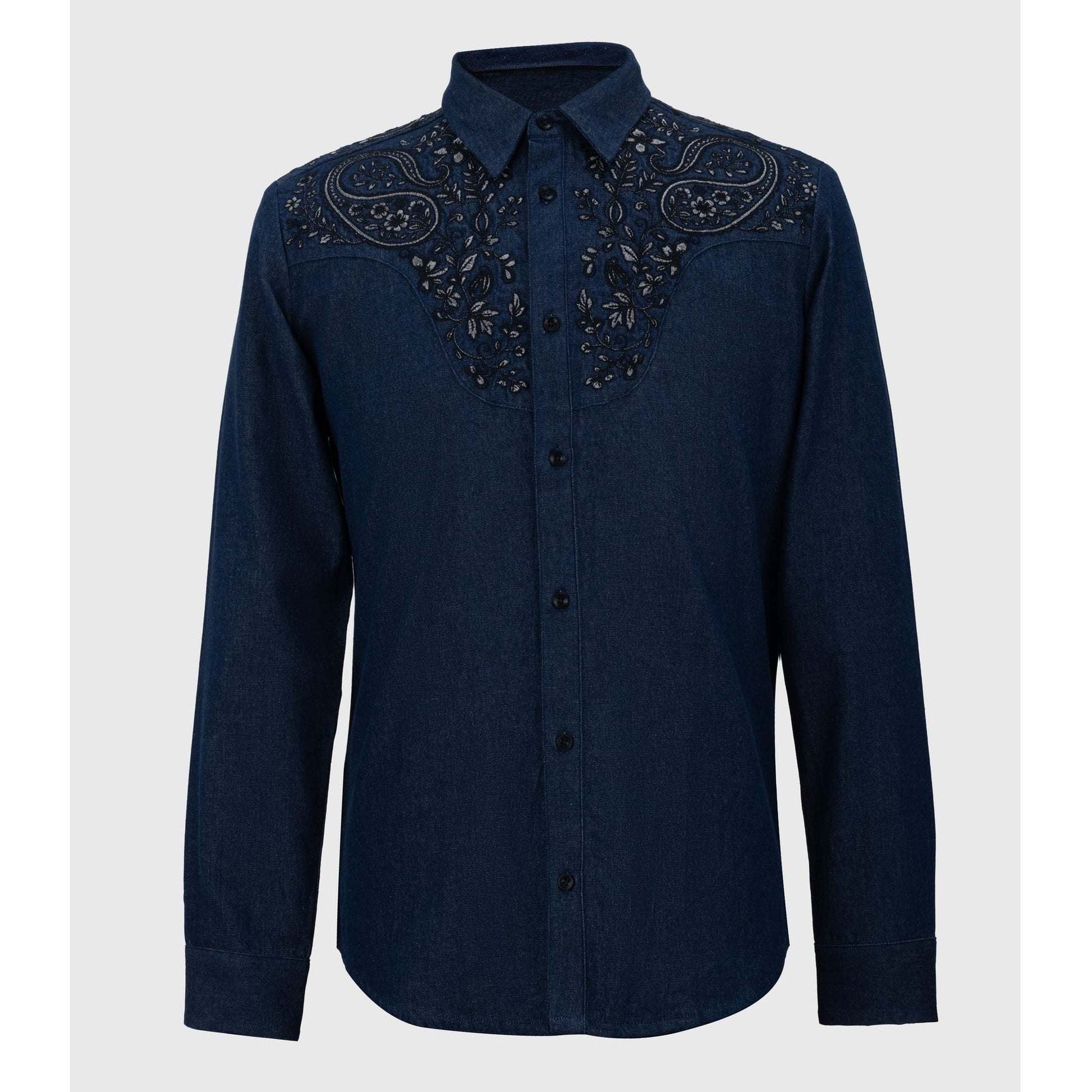 Front view of modern heritage navy denim shirt with symmetrical floral embroidery