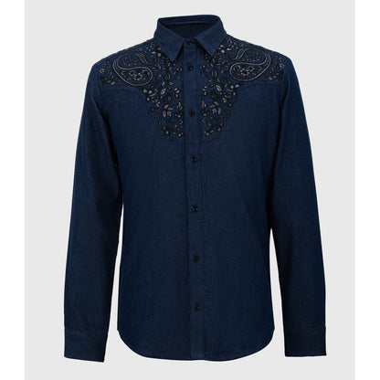 Front view of modern heritage navy denim shirt with symmetrical floral embroidery