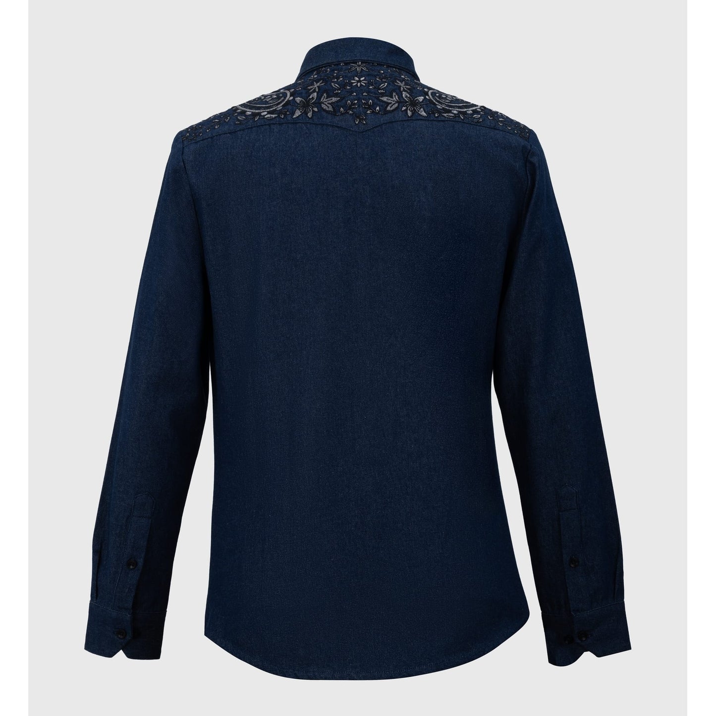 Back yoke of navy blue denim shirt featuring matching metallic thread embroidery