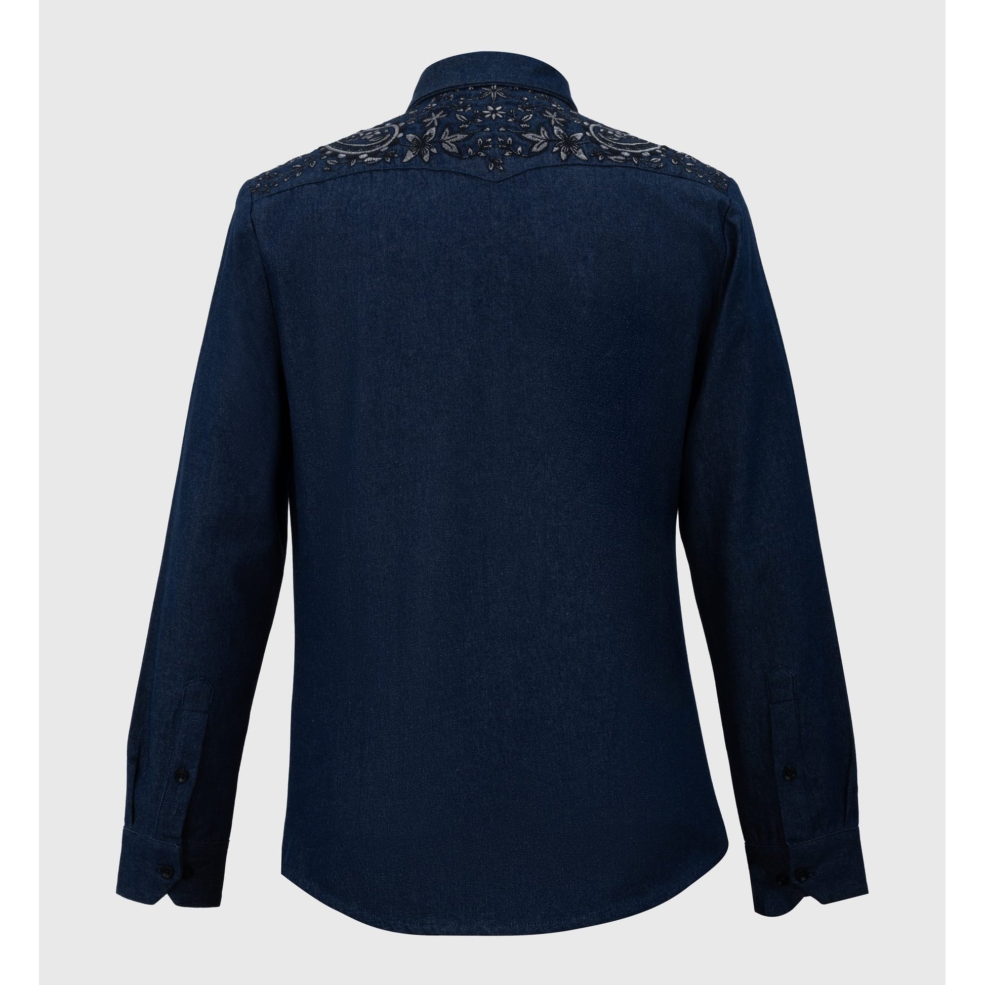 Back yoke of navy blue denim shirt featuring matching metallic thread embroidery