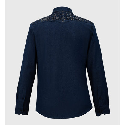 Back yoke of navy blue denim shirt featuring matching metallic thread embroidery