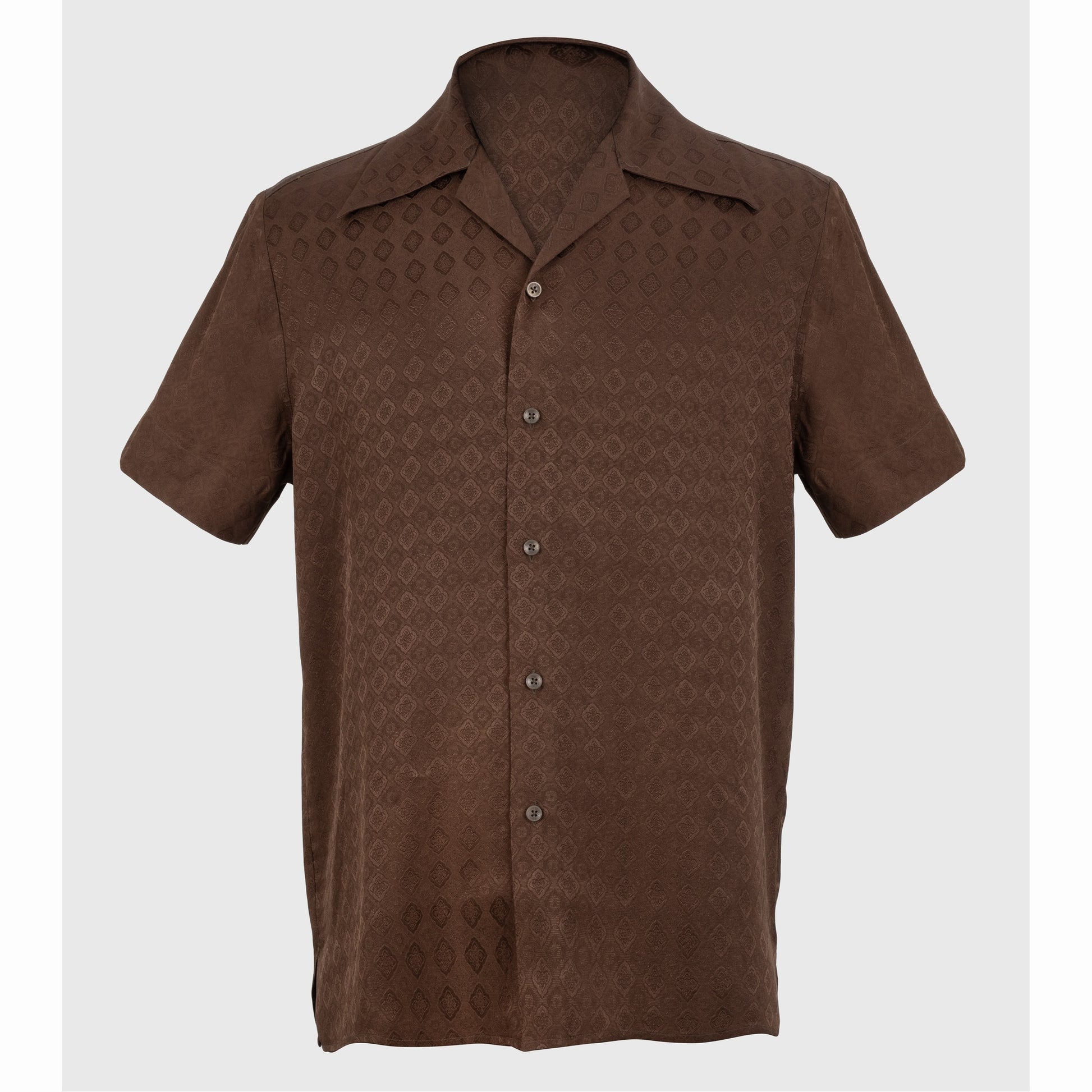 Brown viscose jacquard Cuban collar shirt with diamond weave pattern