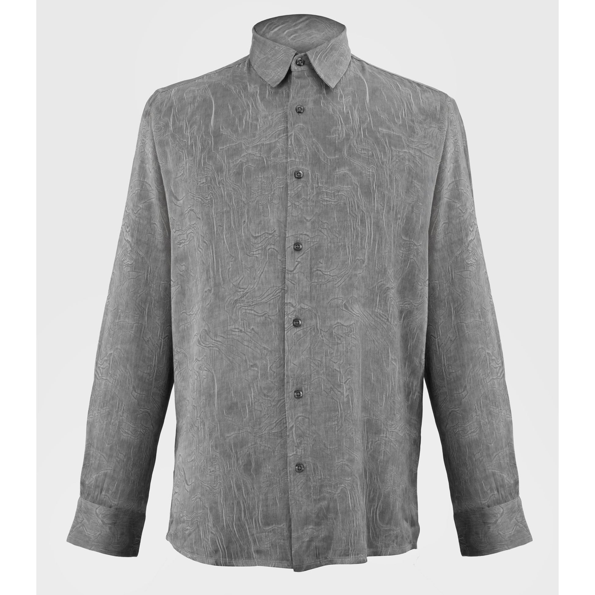 Gray-black viscose jacquard button-up shirt flat lay detail