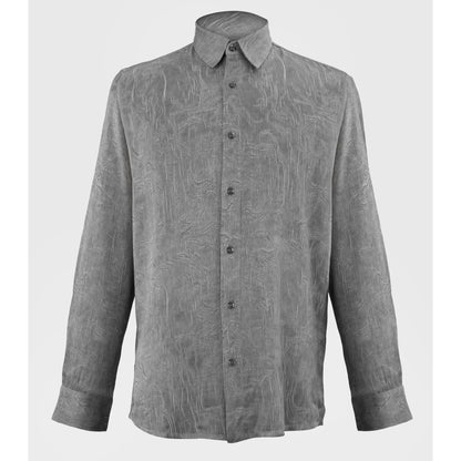 Gray-black viscose jacquard button-up shirt flat lay detail