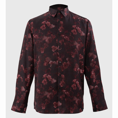 Flat lay of Midnight Rose evening shirt with deep red florals