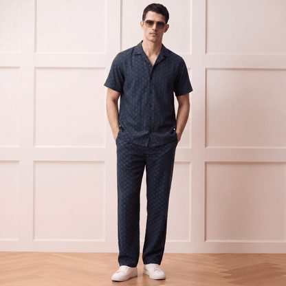 Full length view of dark blue viscose jacquard Cuban collar shirt and trousers