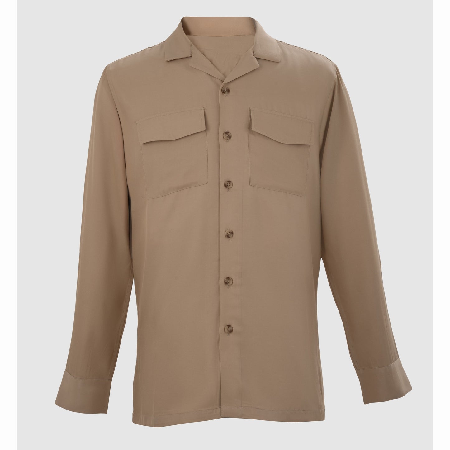 Tan Tencel Cuban collar shacket with chest pockets and button placket