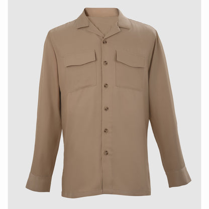 Tan Tencel Cuban collar shacket with chest pockets and button placket