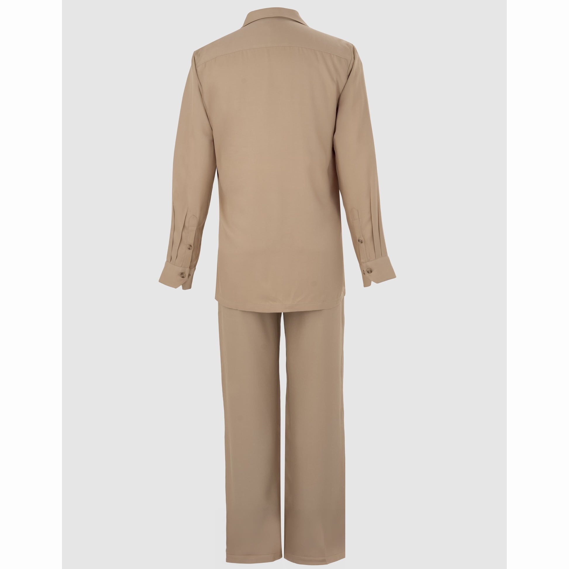 Back view of tan Tencel Cuban collar shirt and straight-leg trousers