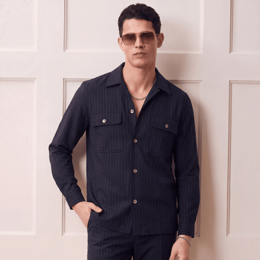 Close-up of navy Lurex-Stripe Shacket chest flap pockets