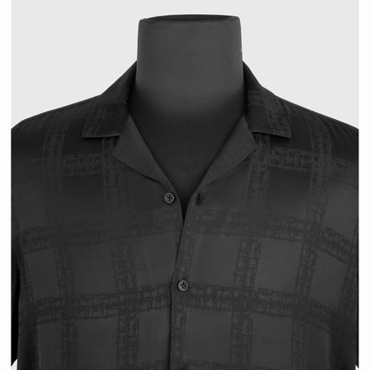 Close-up of dark gray Cuban collar and tonal grid jacquard texture
