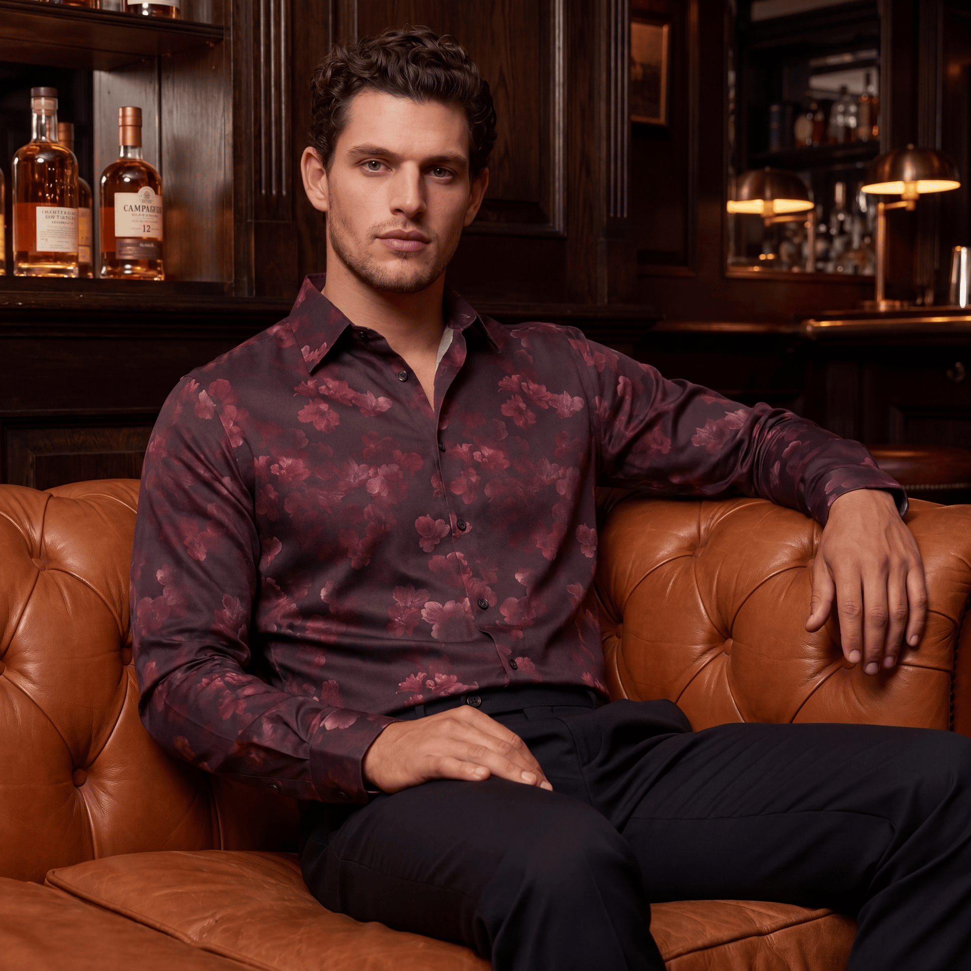 Fluid drape of Midnight Rose floral evening shirt on man seated