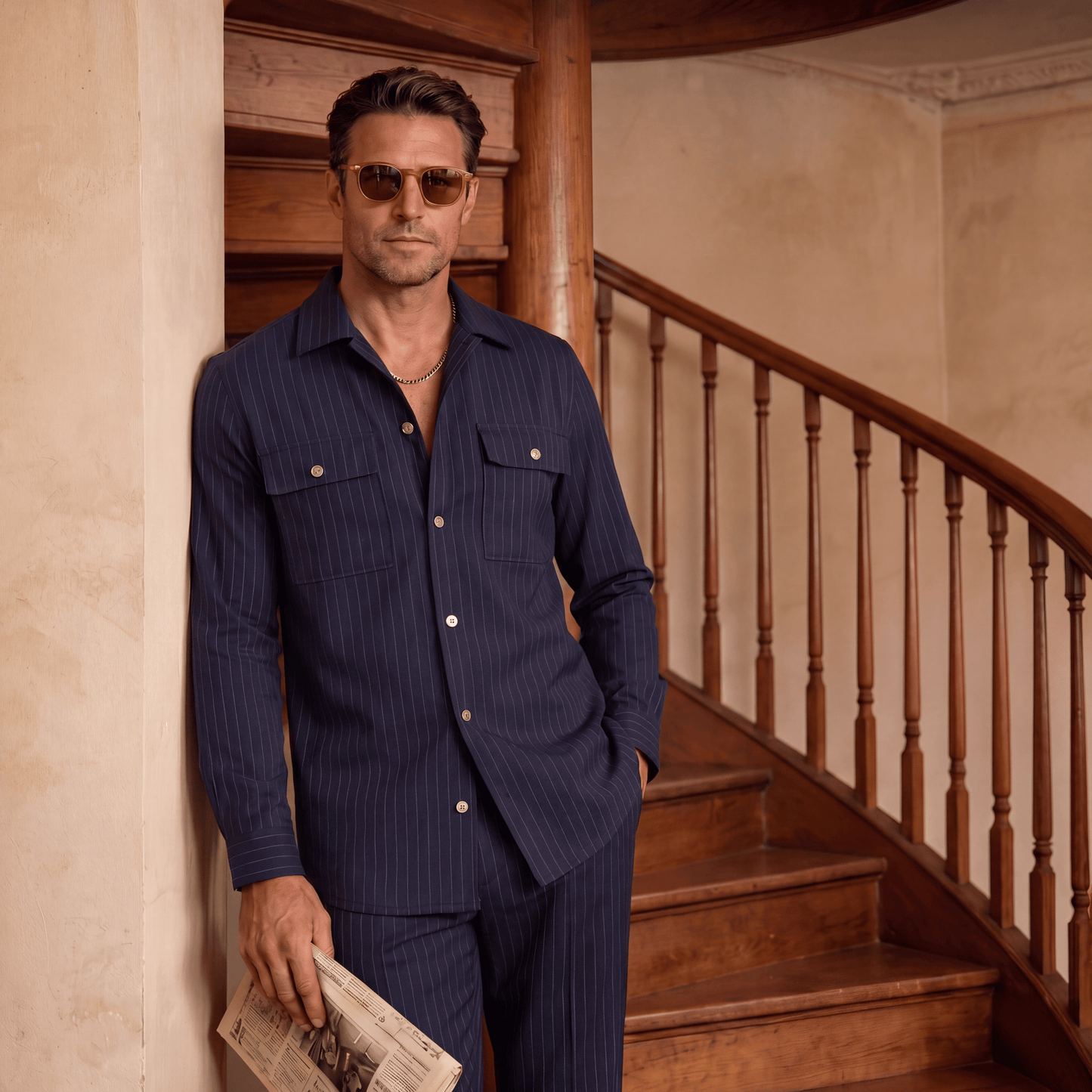 Dark navy pinstripe shacket styled with gold-rimmed sunglasses