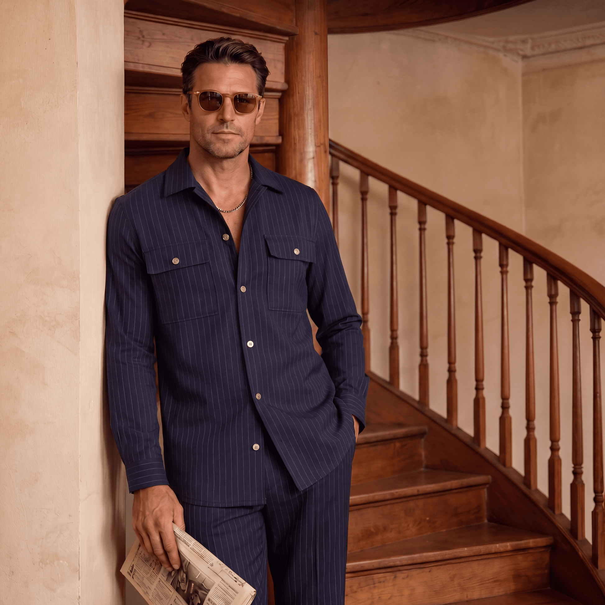 Dark navy pinstripe shacket styled with gold-rimmed sunglasses