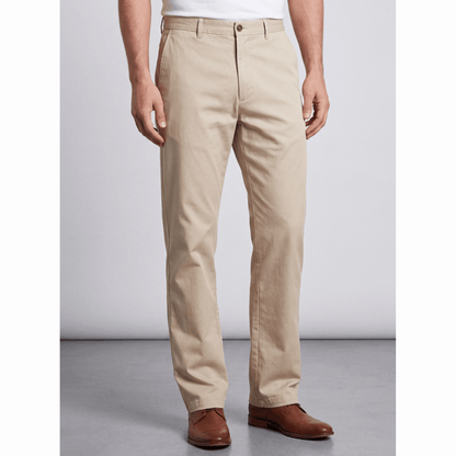 Beige classic fit cotton lycra trousers with flat front and heritage button