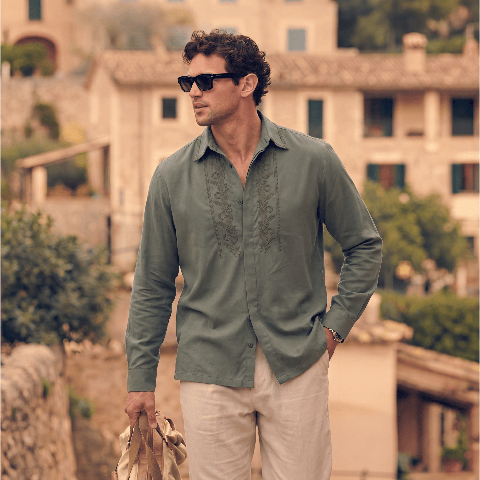 Olive green Tencel shirt styled for casual outdoor wear with linen pants