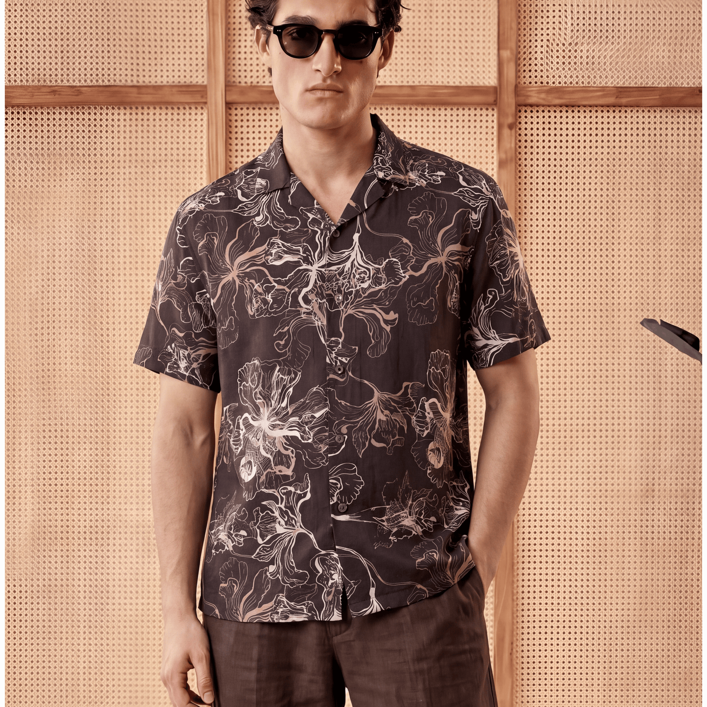 Dark brown viscose satin Cuban collar shirt with white floral line art