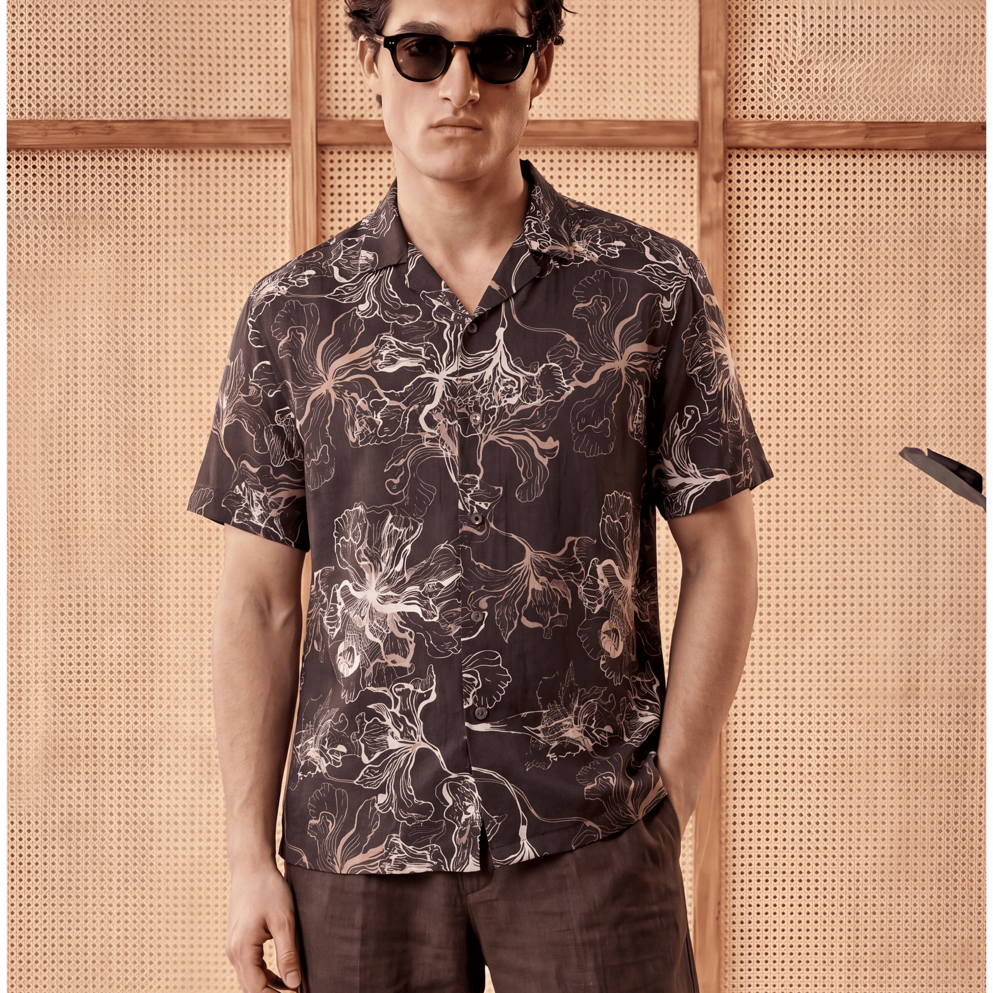 Dark brown viscose satin Cuban collar shirt with white floral line art