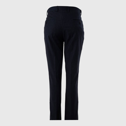 navy pinstripe pants on a light gray background