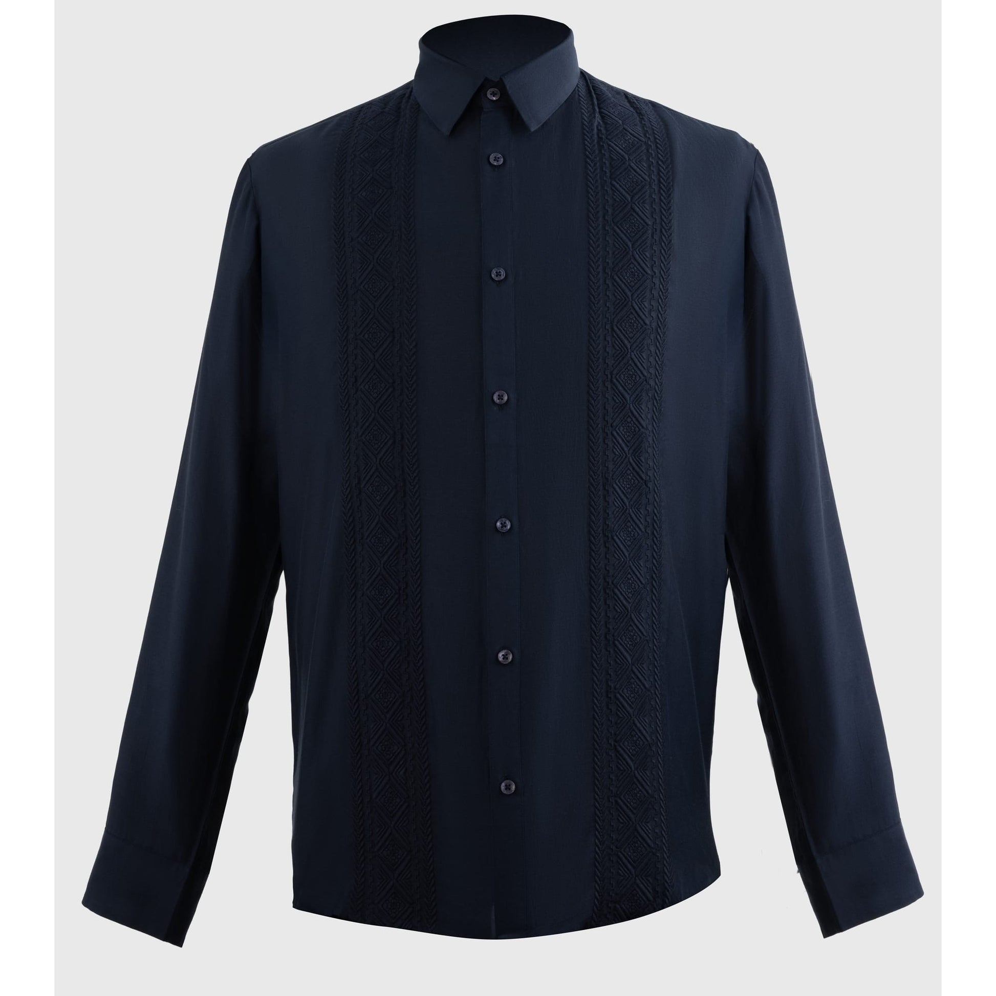 Dark navy long sleeve shirt with tonal embroidery placket