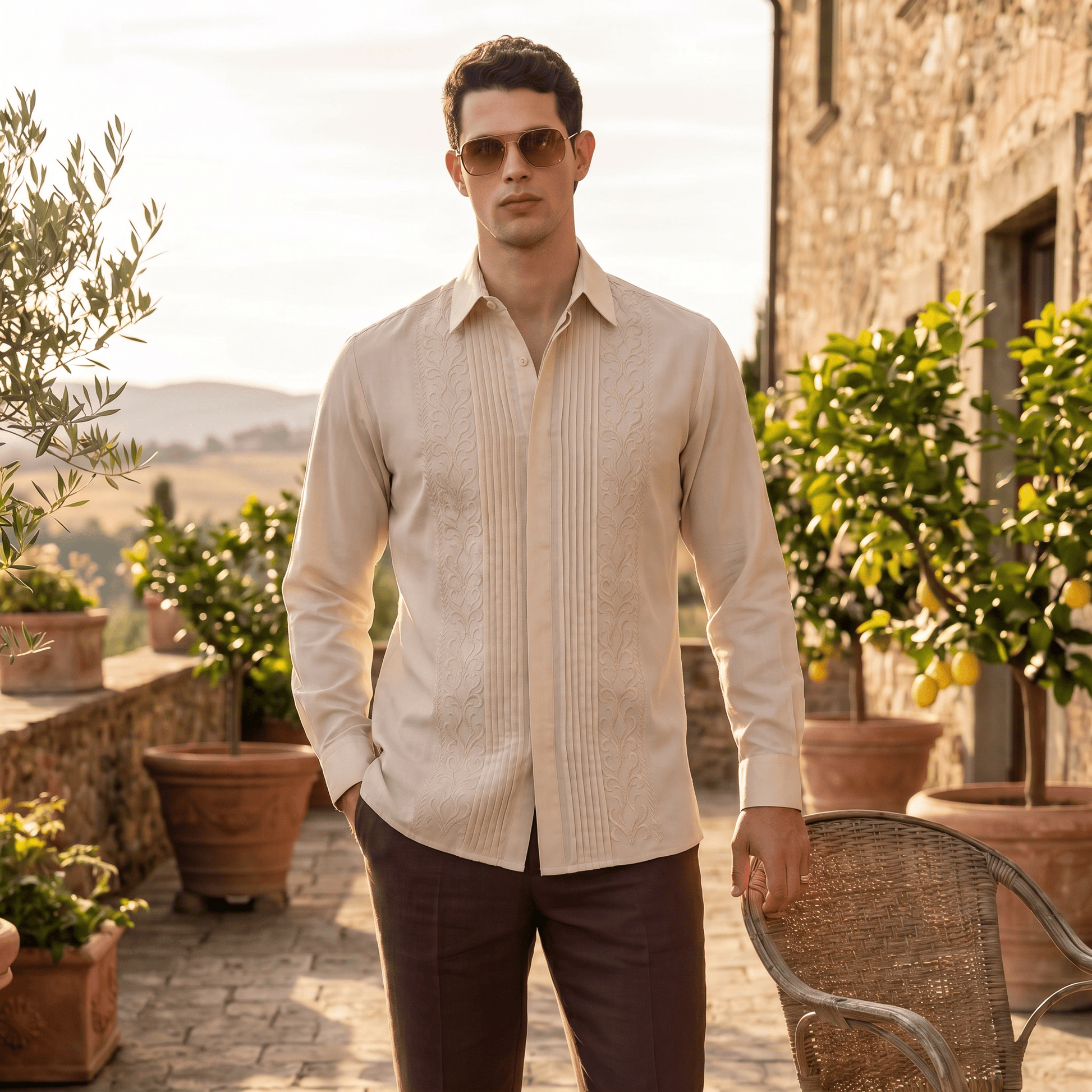 Man wearing cream embroidered Tencel shirt outdoors for ceremonial style