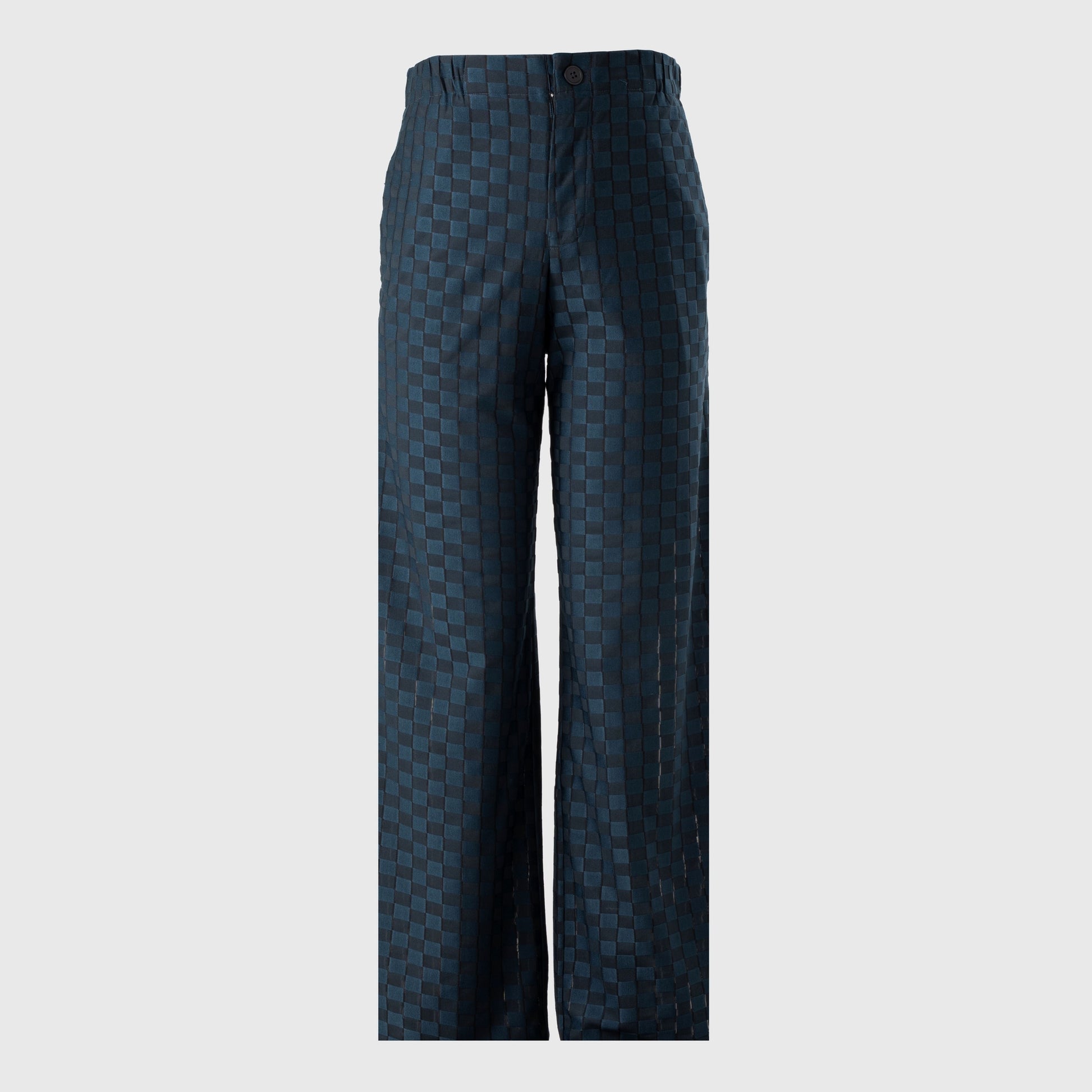 Relaxed fit dark blue and black checkered wide-leg trousers front