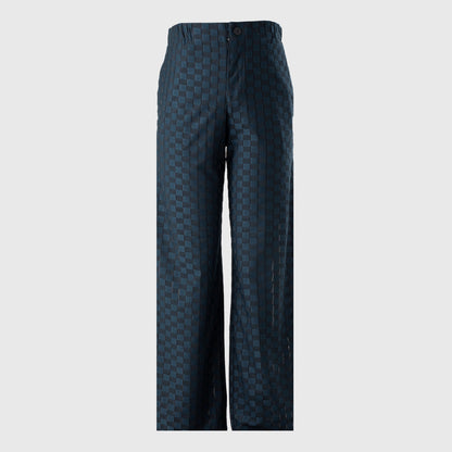 Relaxed fit dark blue and black checkered wide-leg trousers front