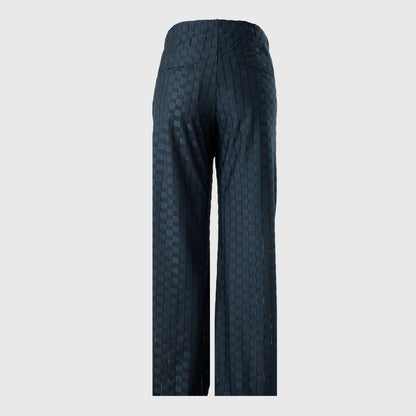 Dark blue shadow-check jacquard wide-leg trousers back view