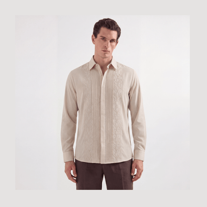 Cream pleated embroidered Tencel shirt front view on model