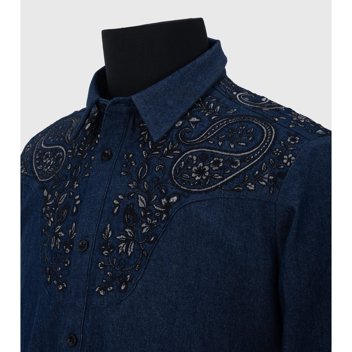 Navy denim shirt with black and silver metallic paisley embroidery detail
