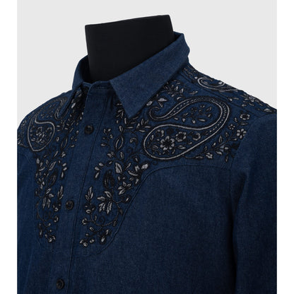 Navy denim shirt with black and silver metallic paisley embroidery detail