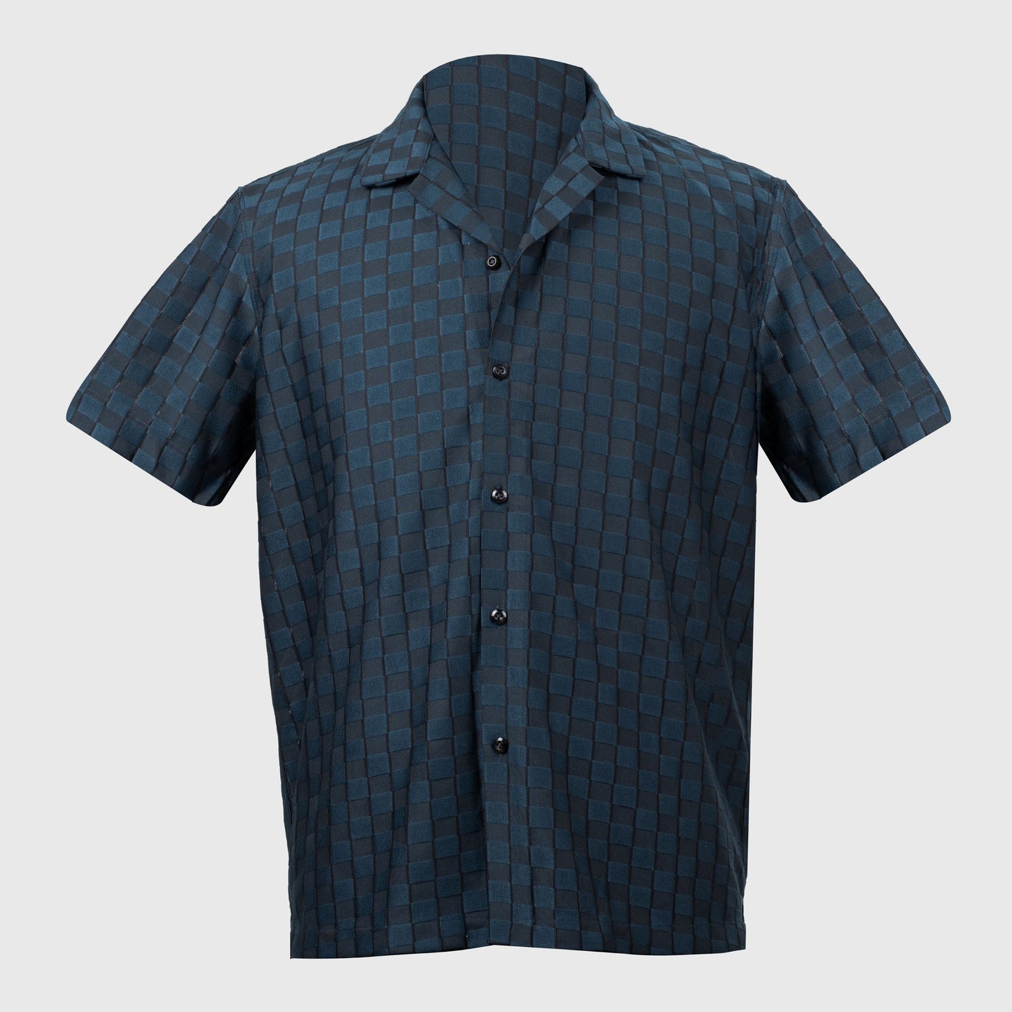 Front view of relaxed fit navy charcoal viscose jacquard button-up shirt