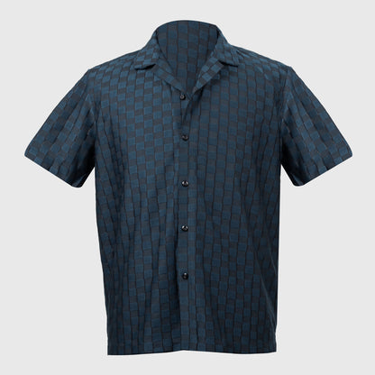 Front view of relaxed fit navy charcoal viscose jacquard button-up shirt