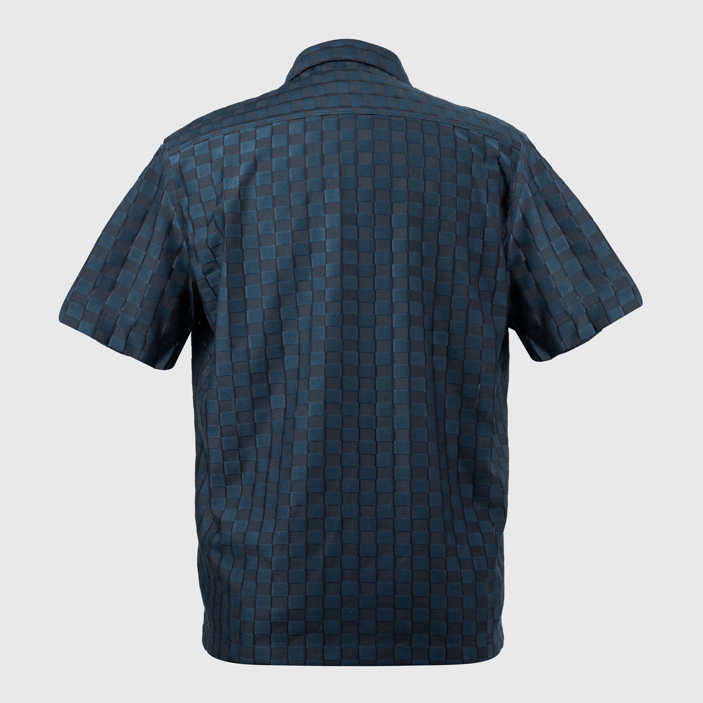 Back view of navy and charcoal textured jacquard Cuban collar shirt