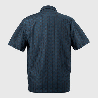Back view of navy and charcoal textured jacquard Cuban collar shirt