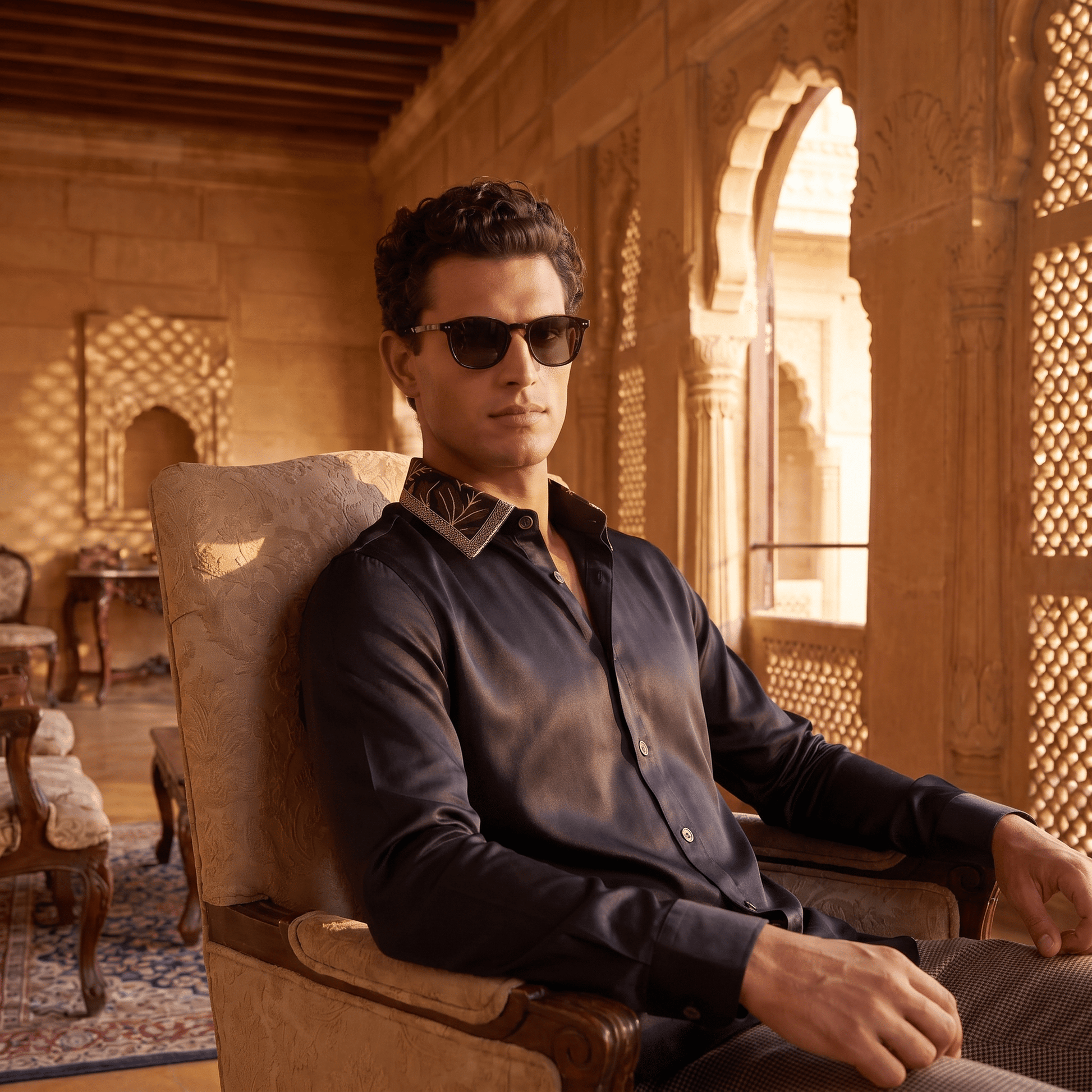Embroidered black linen-satin shirt with floral collar on man in ornate setting