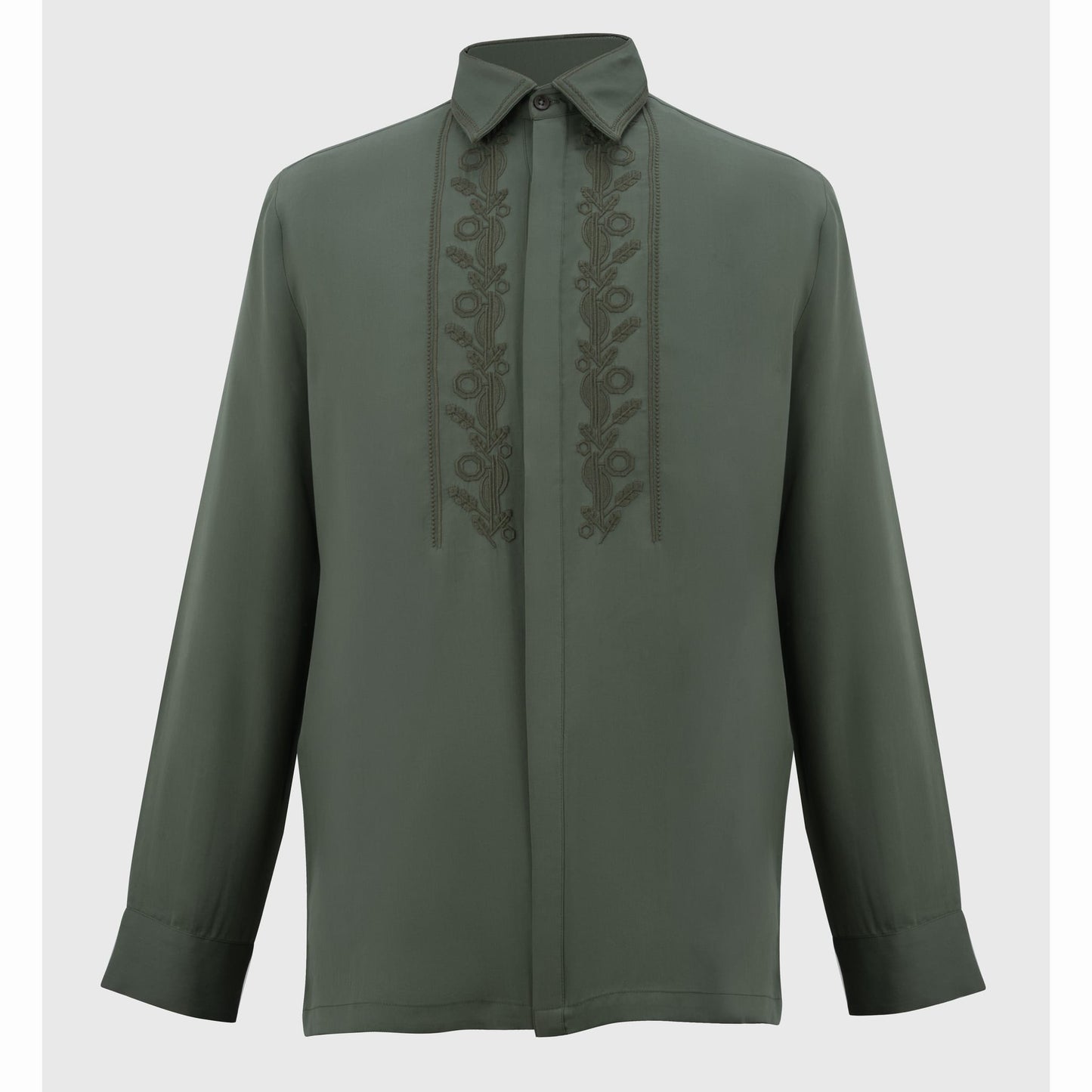 Front view of olive green embroidered Tencel shirt on white background