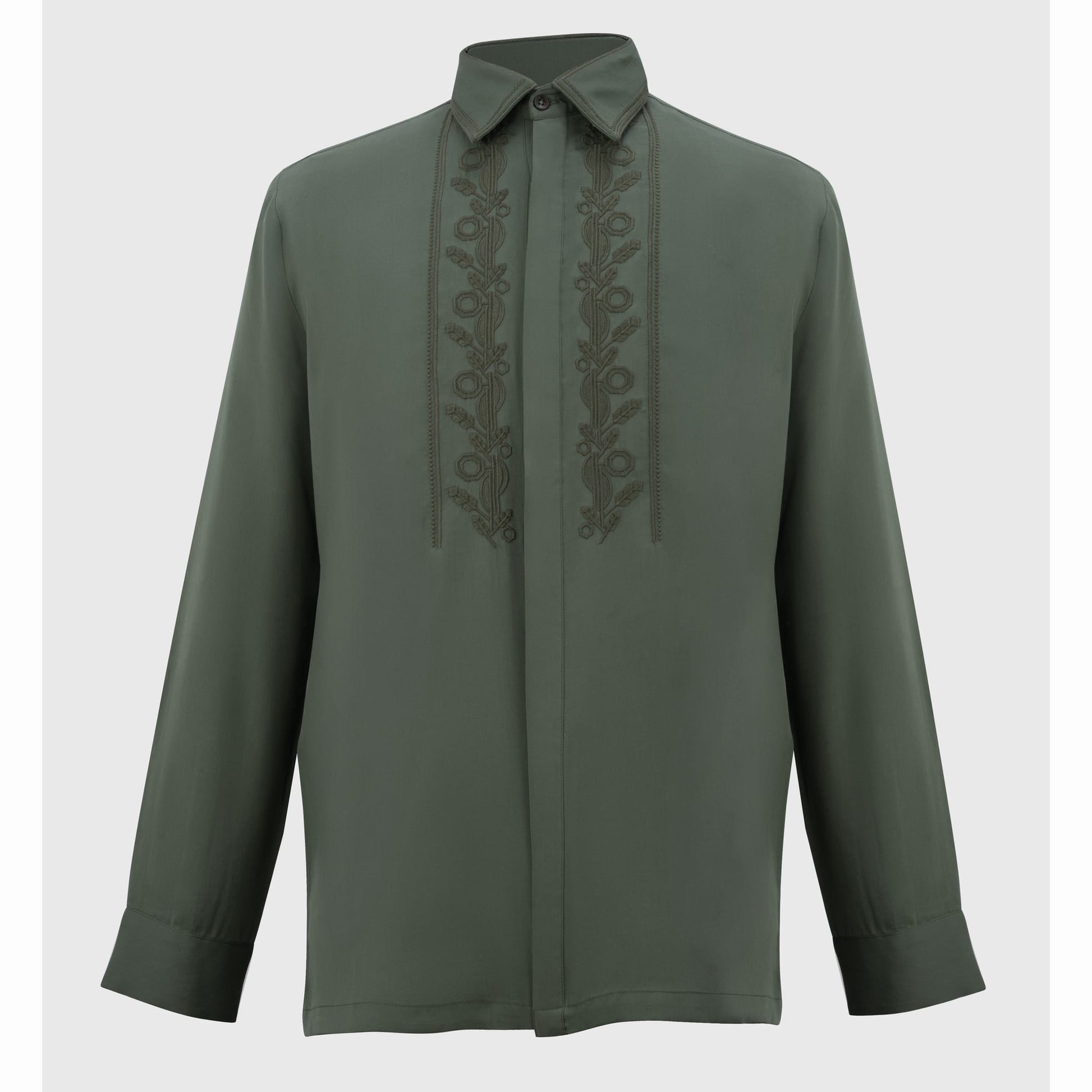 Front view of olive green embroidered Tencel shirt on white background