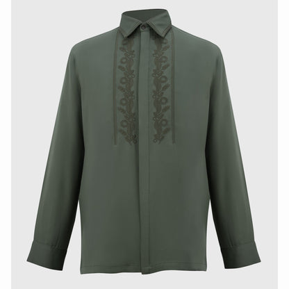 Front view of olive green embroidered Tencel shirt on white background