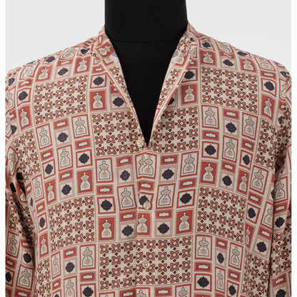 Close-up of mandarin collar and button placket on printed viscose heritage shirt