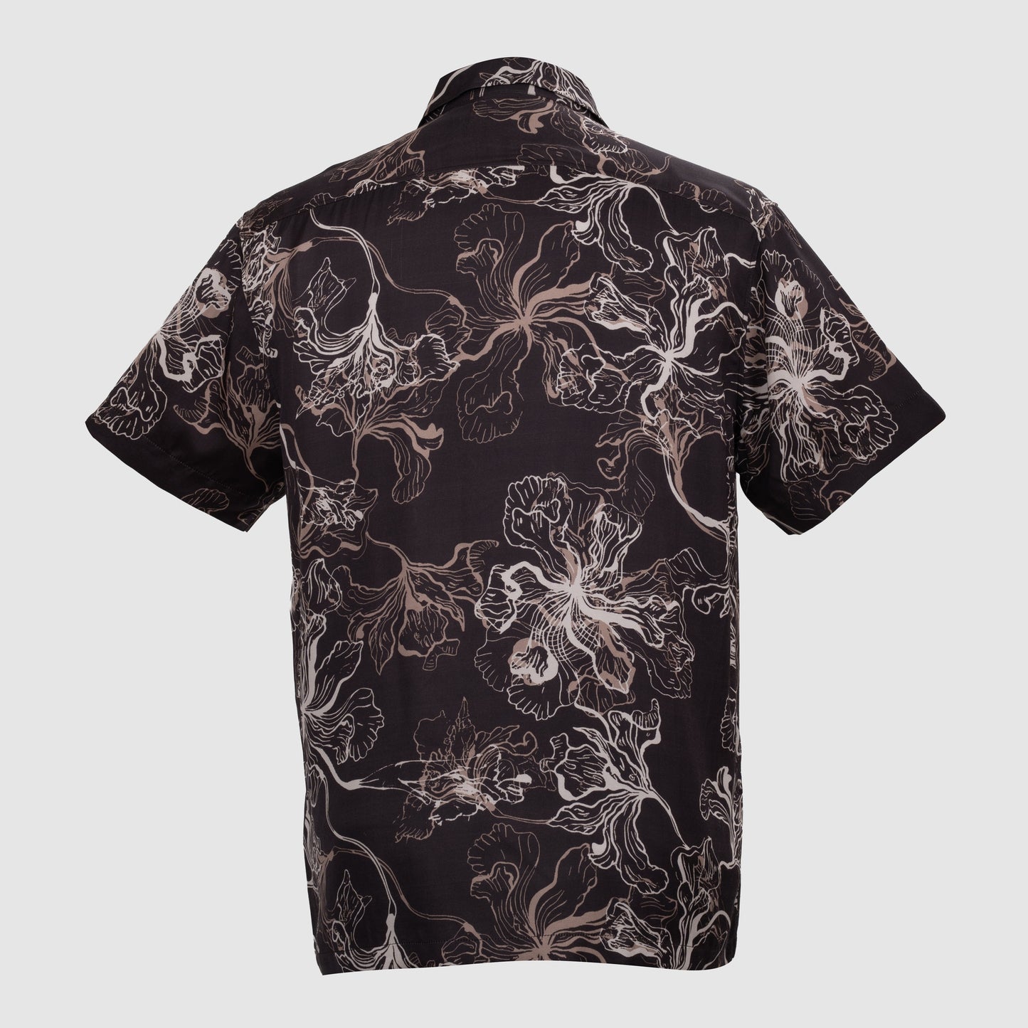 Back view of black floral viscose satin Cuban collar shirt