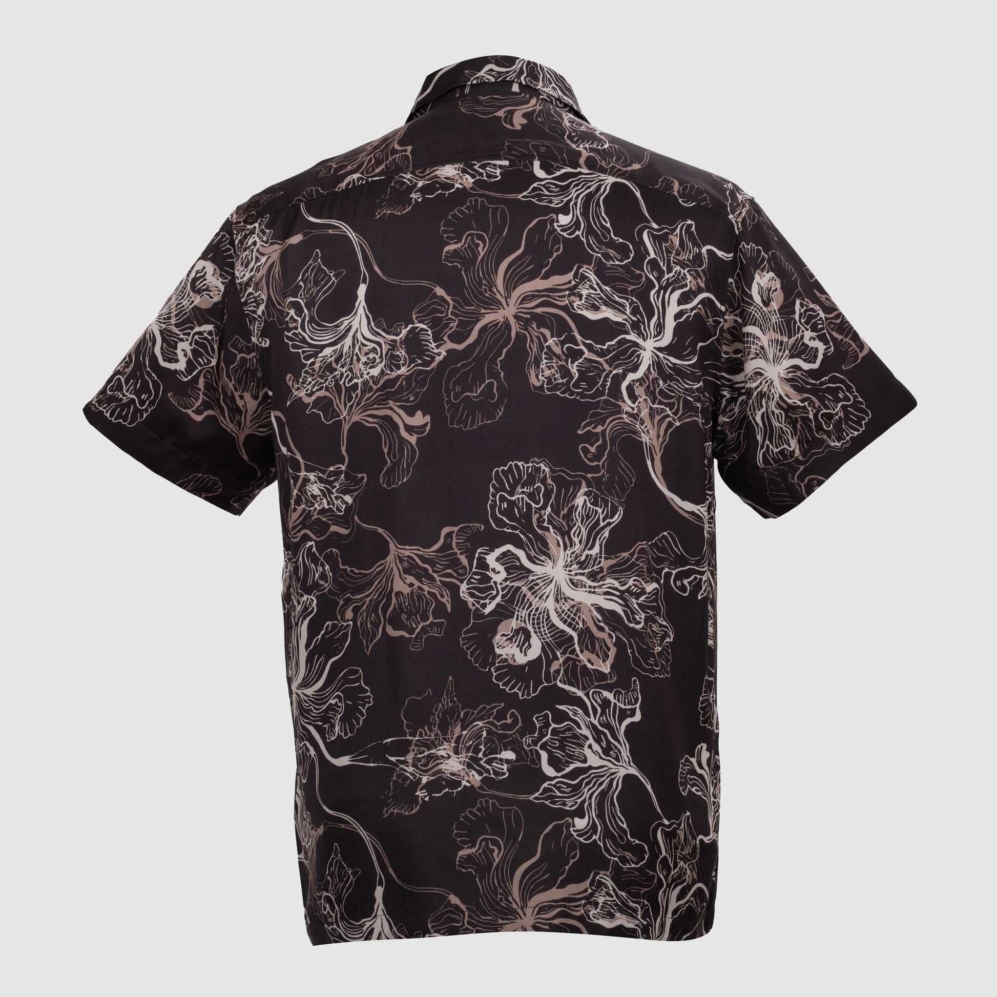 Back view of black floral viscose satin Cuban collar shirt