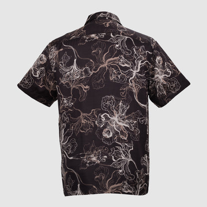 Back view of black floral viscose satin Cuban collar shirt