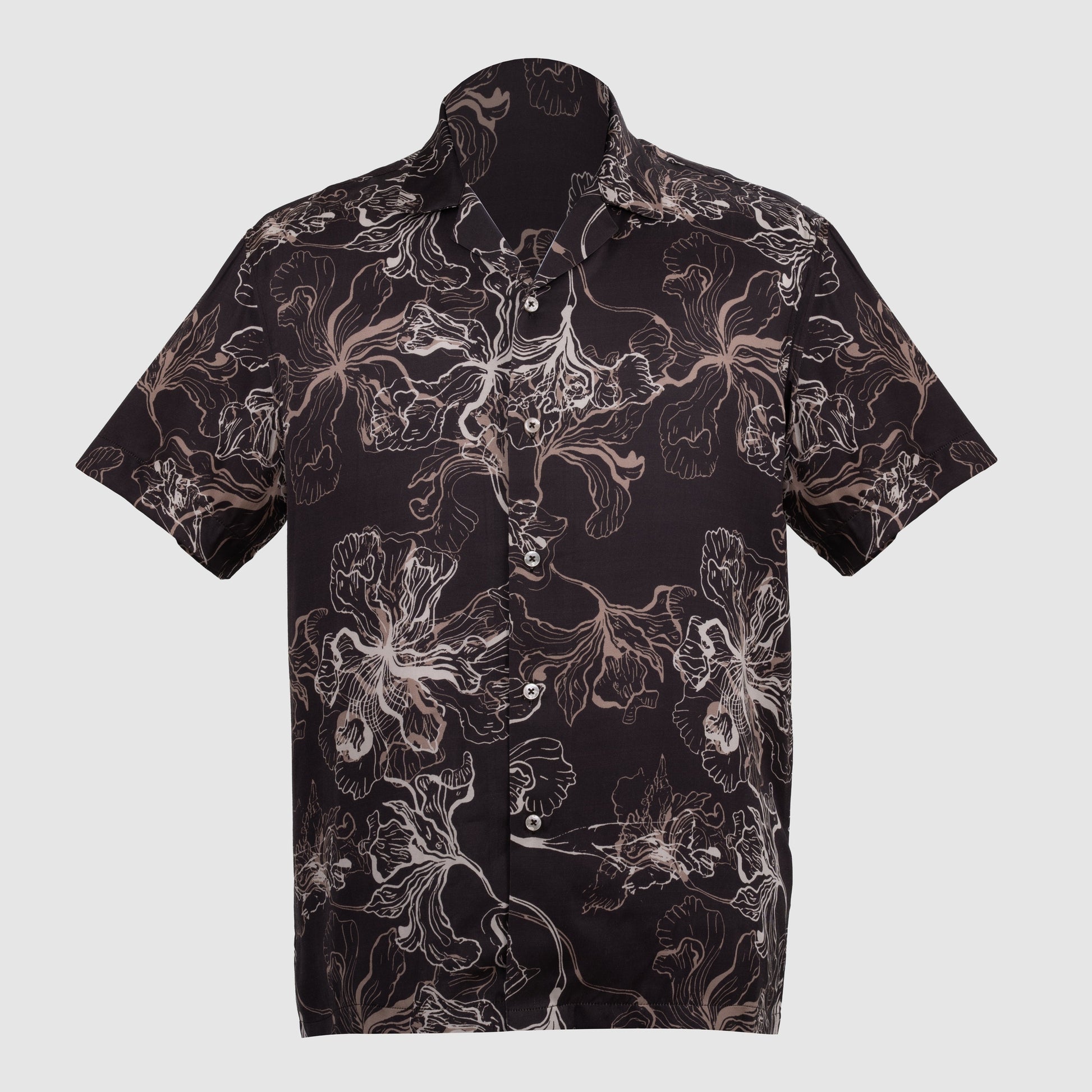 Black floral viscose satin Cuban collar shirt with relaxed fit