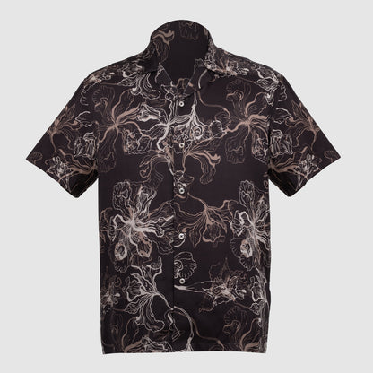 Black floral viscose satin Cuban collar shirt with relaxed fit