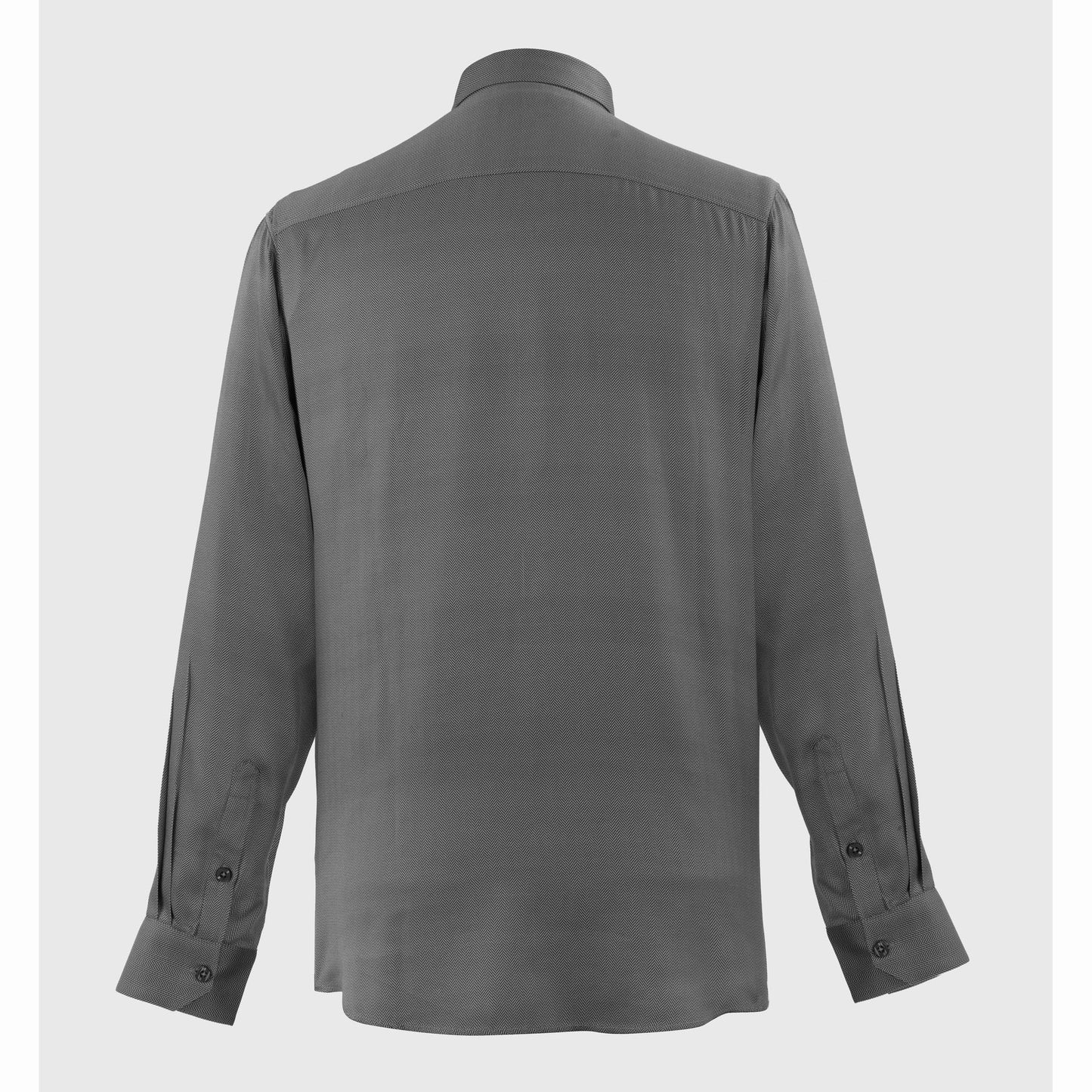 Back view of dark gray viscose satin evening shirt on mannequin