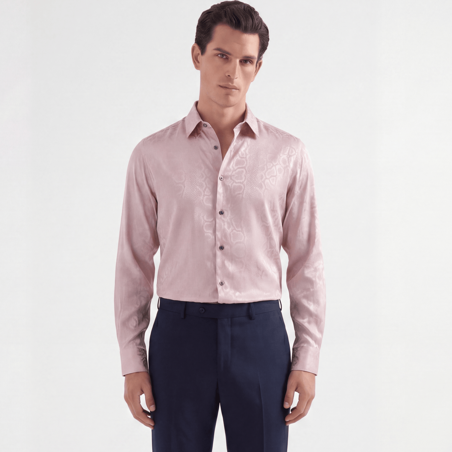 Lustrous pink viscose jacquard shirt with snakeskin texture and tailored fit