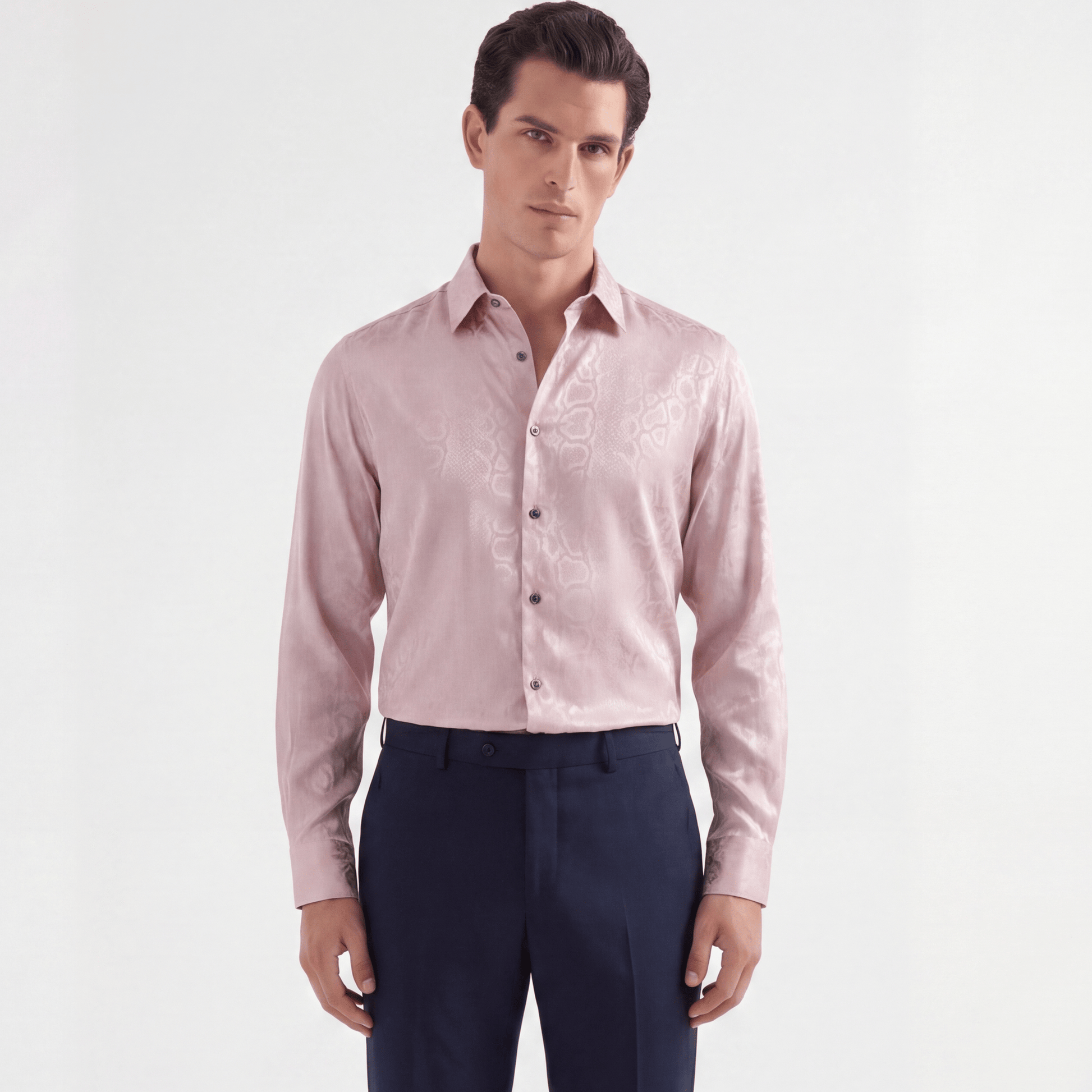 Lustrous pink viscose jacquard shirt with snakeskin texture and tailored fit