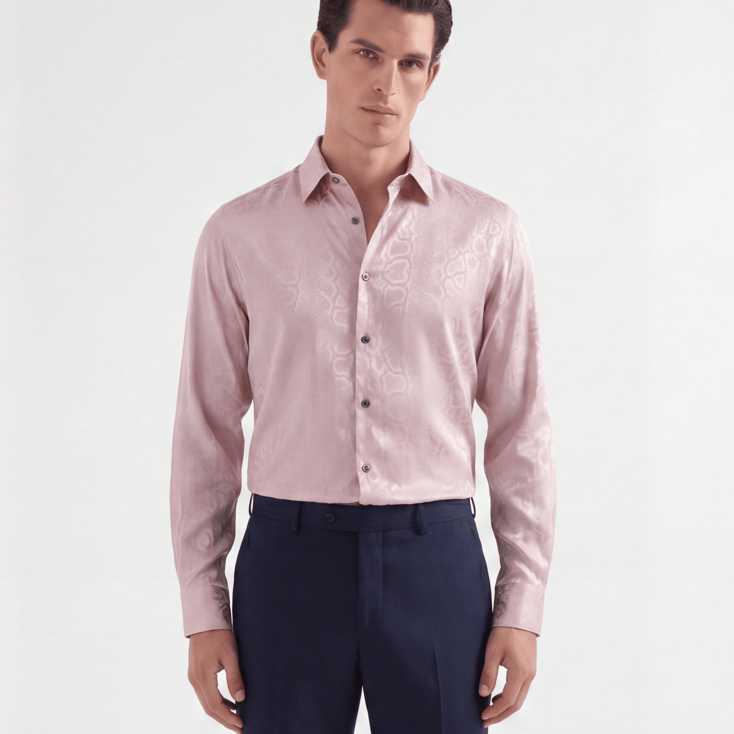 Lustrous pink viscose jacquard shirt with snakeskin texture and tailored fit