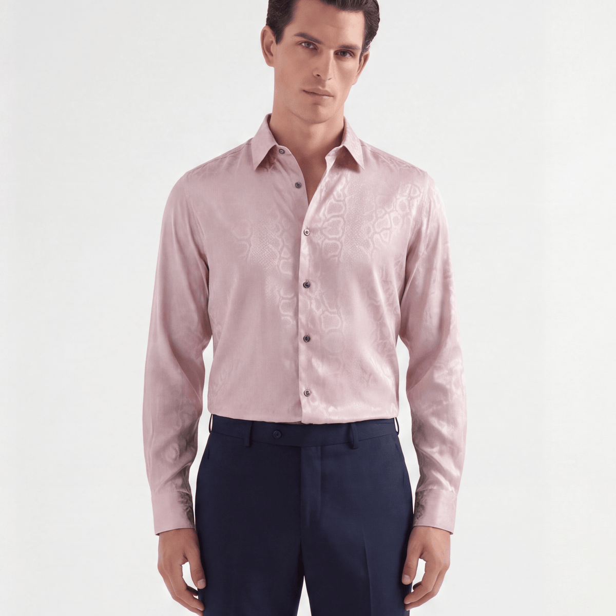 Lustrous pink viscose jacquard shirt with snakeskin texture and tailored fit